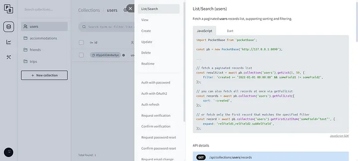 Pocketbase API panel