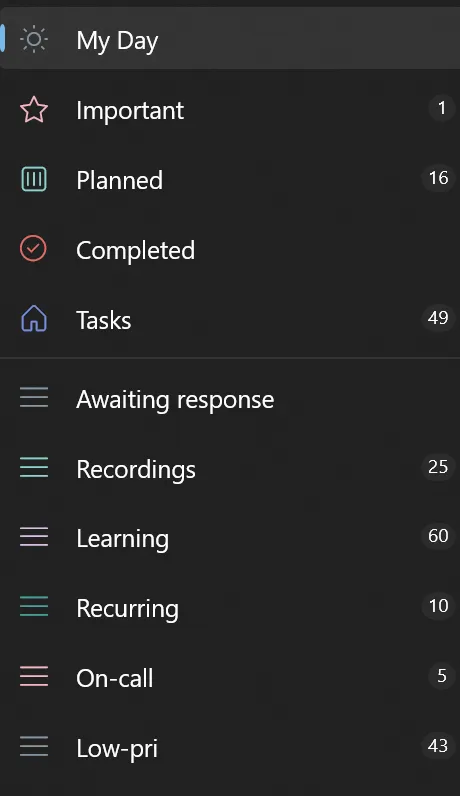 Sections of Microsoft To-Do app